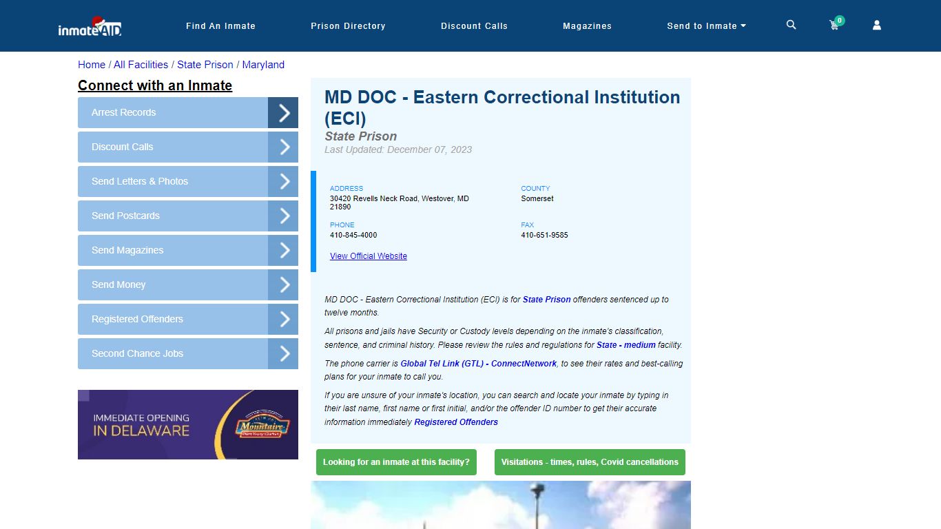 MD DOC - Eastern Correctional Institution (ECI) & Inmate Search ...