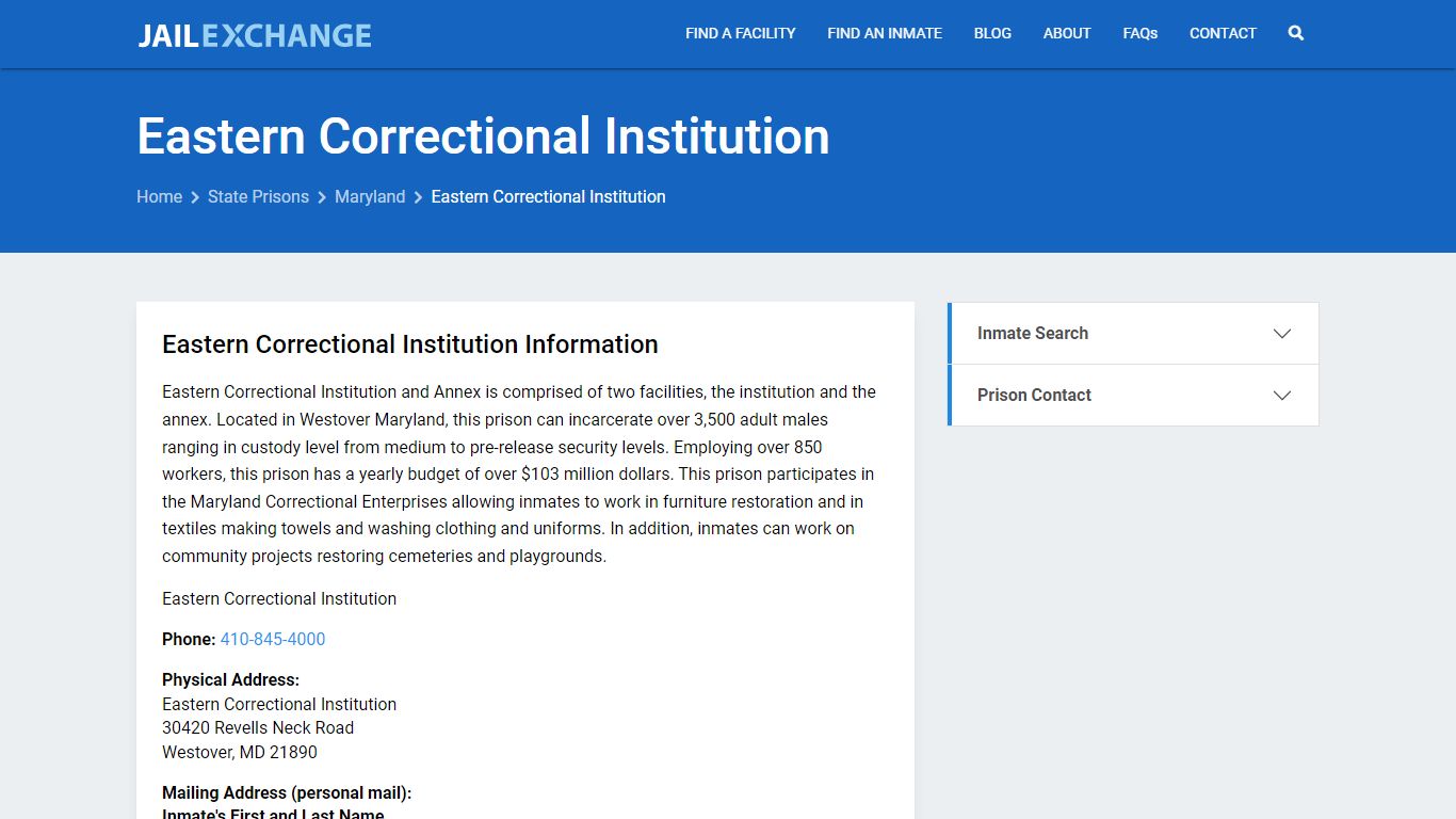 Eastern Correctional Institution Inmate Search, MD - Jail Exchange