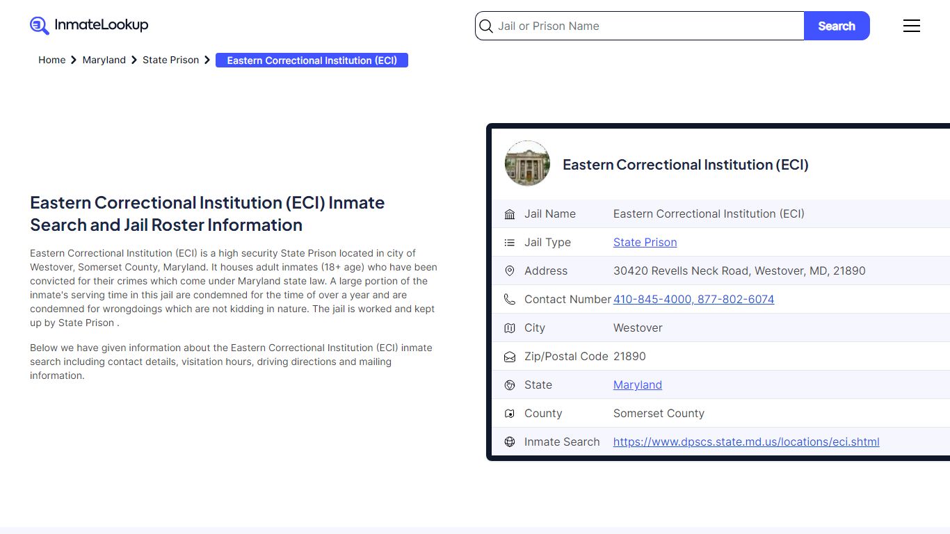 Eastern Correctional Institution (ECI) Inmate Search, Jail Roster ...