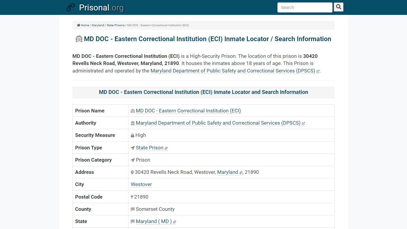 MD DOC - Eastern Correctional Institution (ECI)-Inmate Locator/Search ...